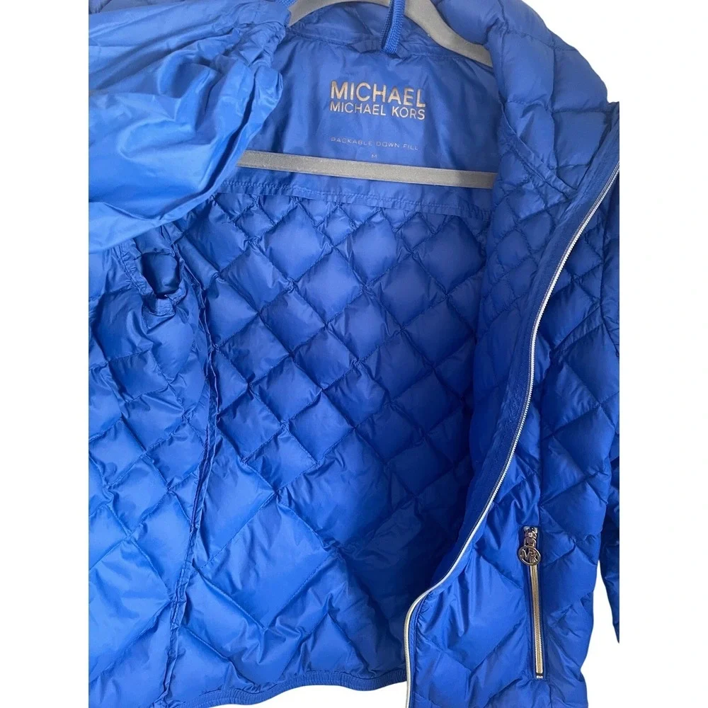 Michael Kors Womens Packable Down Puffer Jacket Blue Diamond Quilted Gold Zip‎ M
